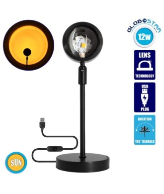 GloboStar® 00814 Επιτραπέζιο Φωτιστικό Πορτατίφ LED 12W 600lm 180° DC 5V IP20 Κίτρινο - Πορτοκαλί SUN EFFECT Μαύρο Μέταλλο με Διάφανο Πλαστικό - Μ10 x Π10 x Υ26.5cm - 2 Xρόνια Εγγύηση